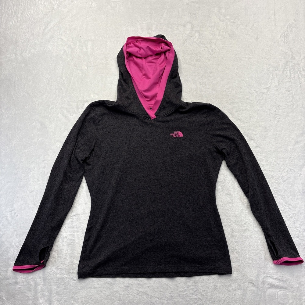 The North Face FlashDry Womens M Gray Pink Pullover Hoodie Thumbholes Active